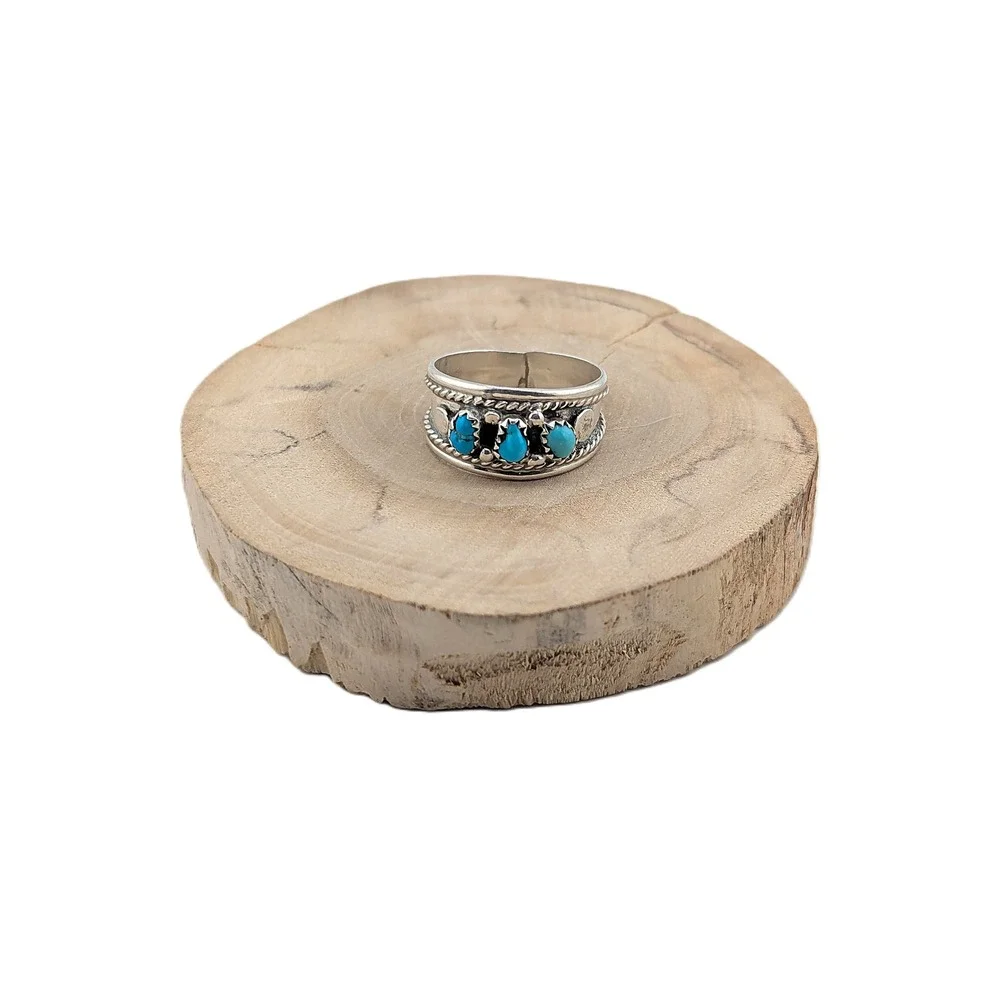 Native American 3-Stone Band Turquoise Ring Sterling Silver Jewelry Sz 10.25US**